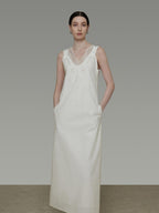 unspoken Soft 100 Percent Cotton Crochet V-neck Sleeveless Office White Maxi Dresses