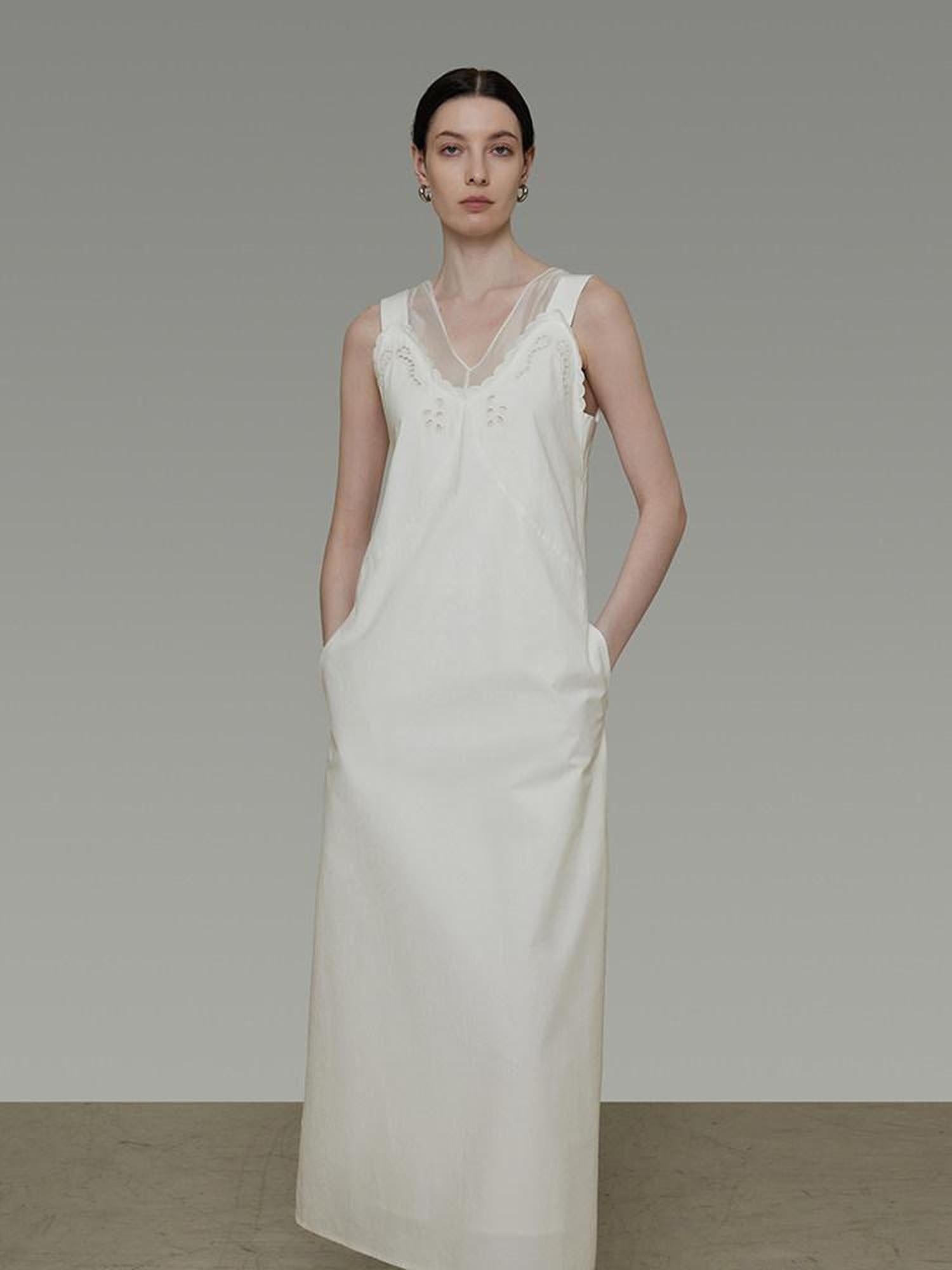 unspoken Soft 100 Percent Cotton Crochet V-neck Sleeveless Office White Maxi Dresses