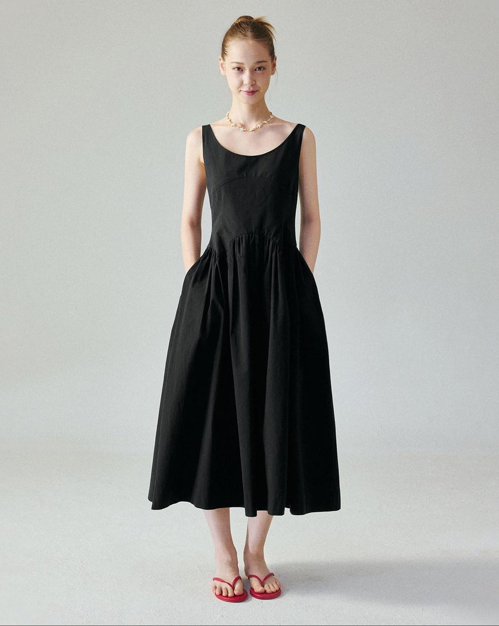 fano Pure Cotton U Neck Sleeveless A Line Korean Office Dress Women Black Maxi Dresses