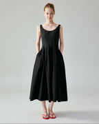 fano Pure Cotton U Neck Sleeveless A Line Korean Office Dress Women Black Maxi Dresses