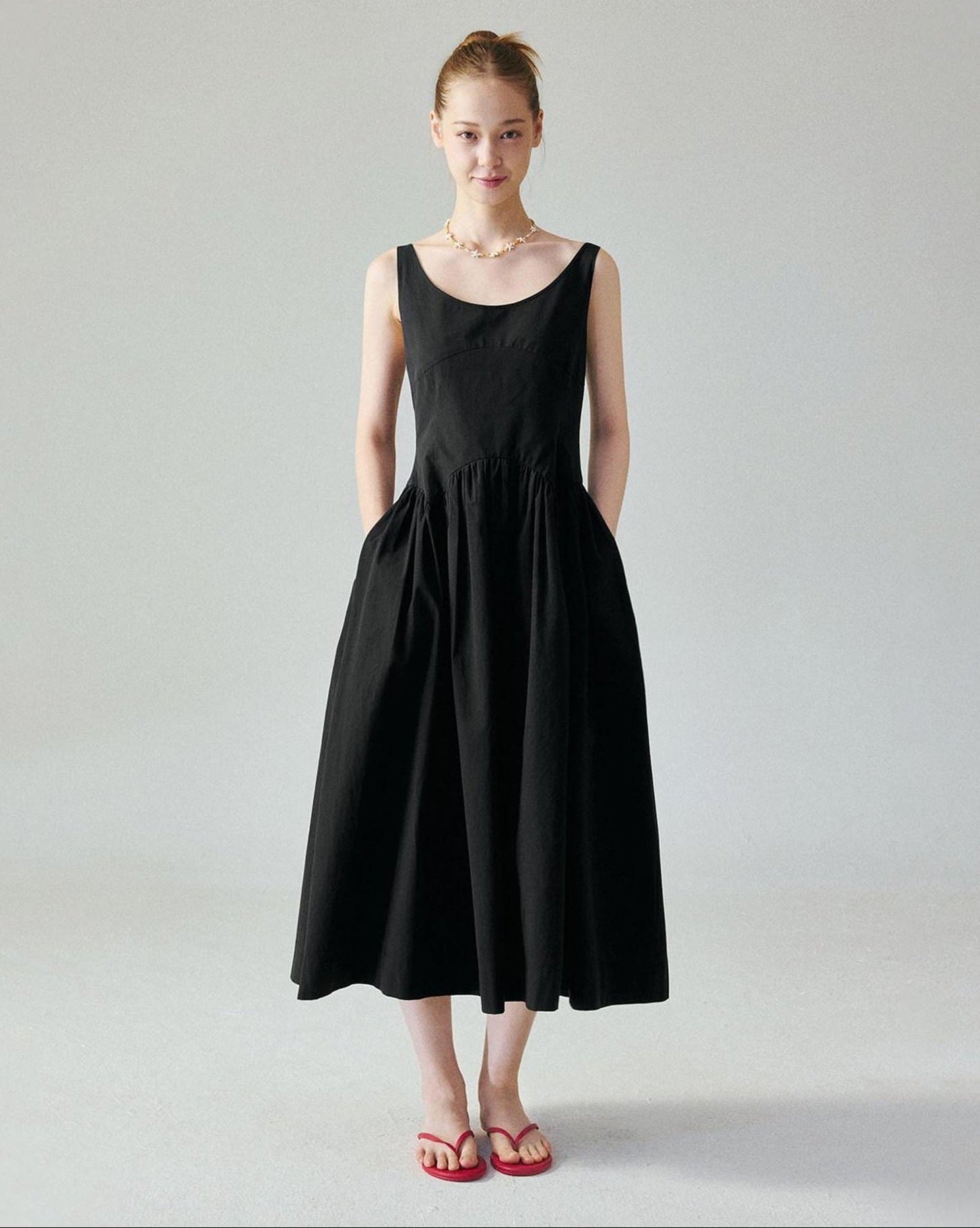 fano Pure Cotton U Neck Sleeveless A Line Korean Office Dress Women Black Maxi Dresses