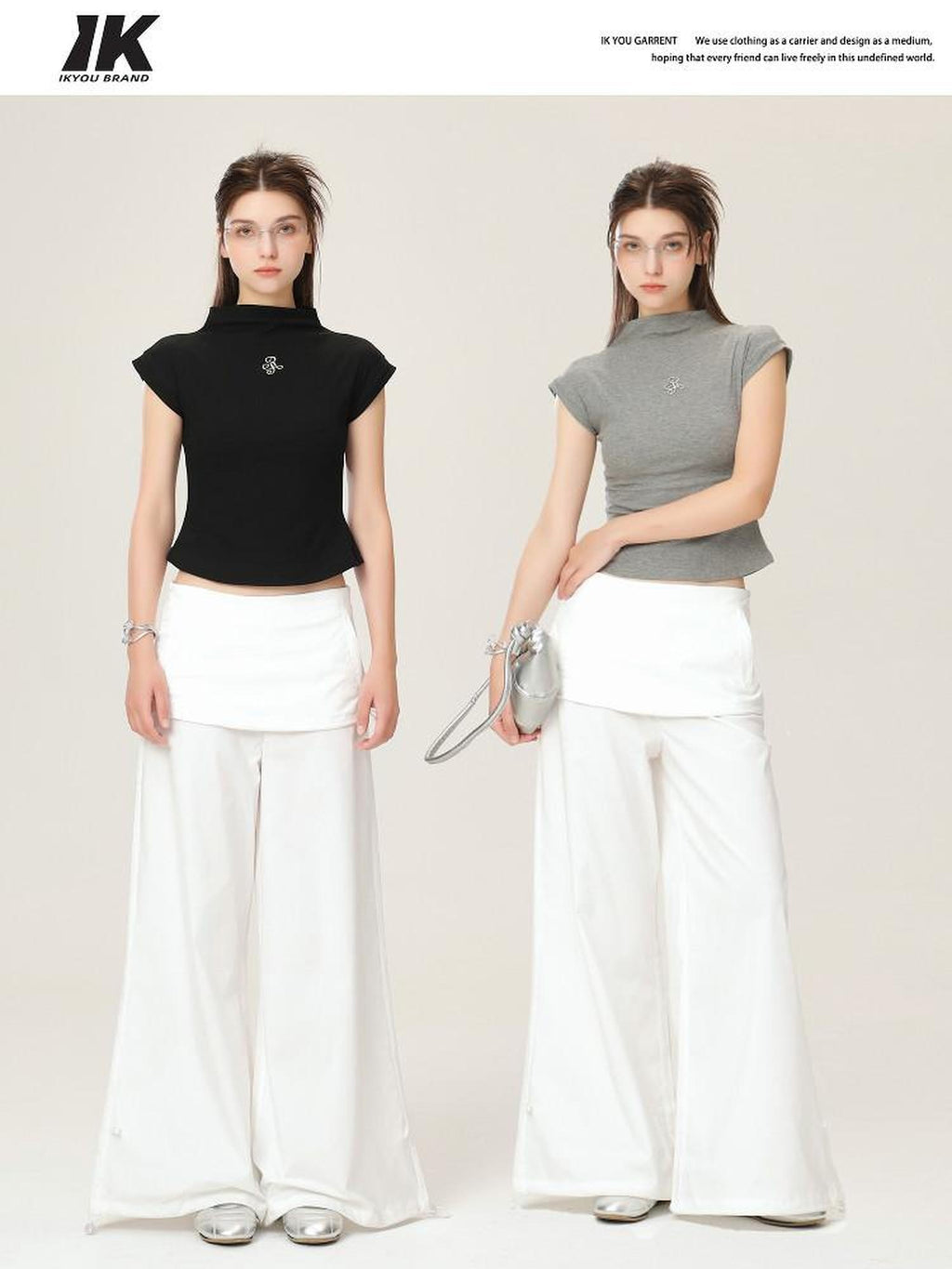 ikyou Wrinkle Free Minimalist Commuter Elastic Waist Natural Rise White Wide Leg Pants