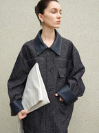 audreyyang Original Design Loose Patchwork Topstitch Cotton Blend Women Denim Jackets