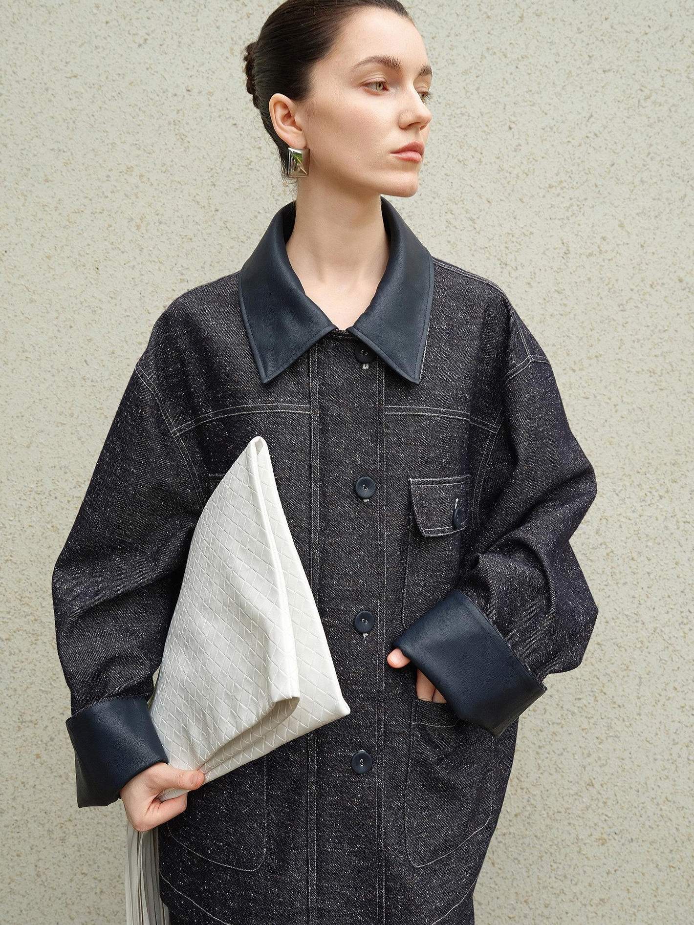 audreyyang Original Design Loose Patchwork Topstitch Cotton Blend Women Denim Jackets