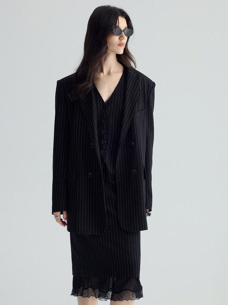 audreyyang Original Design Relaxed Fit Double Breasted Women Black Polyester Blazers