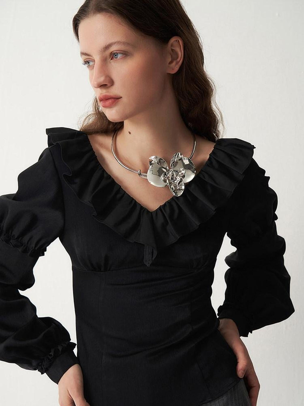 someone sometimes Sleek V-neck Slim Fit Commuter Long Sleeve Black Poly Viscose Women Work Blouses