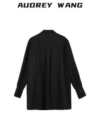 audreyyang Slimming Pleated Oversized Longline Button Long Sleeve Women Poly Cotton Blouses