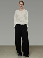 unspoken Lightweight Printed Minimalist Loose Round Neck Women Cream Pullover Sweaters