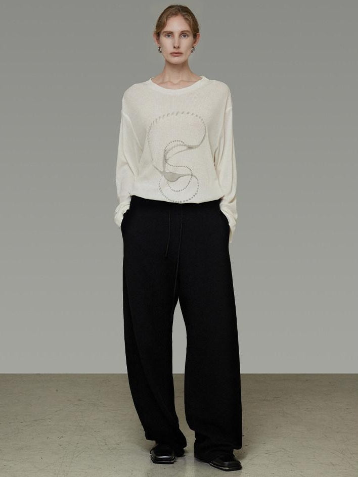 unspoken Lightweight Printed Minimalist Loose Round Neck Women Cream Pullover Sweaters