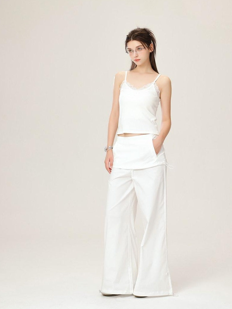 ikyou Lace Trim Slim Fit Spaghetti Strap Office Daily Stretch White Camisoles