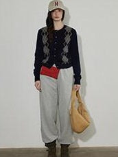 Lofi choose Soft Midweight British Argyle Contrast Button Women Knitwear Cardigans