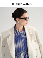 audreyyang Minimal Double Breasted Notch Lapel Midlength Loose Fit Women White Blazers