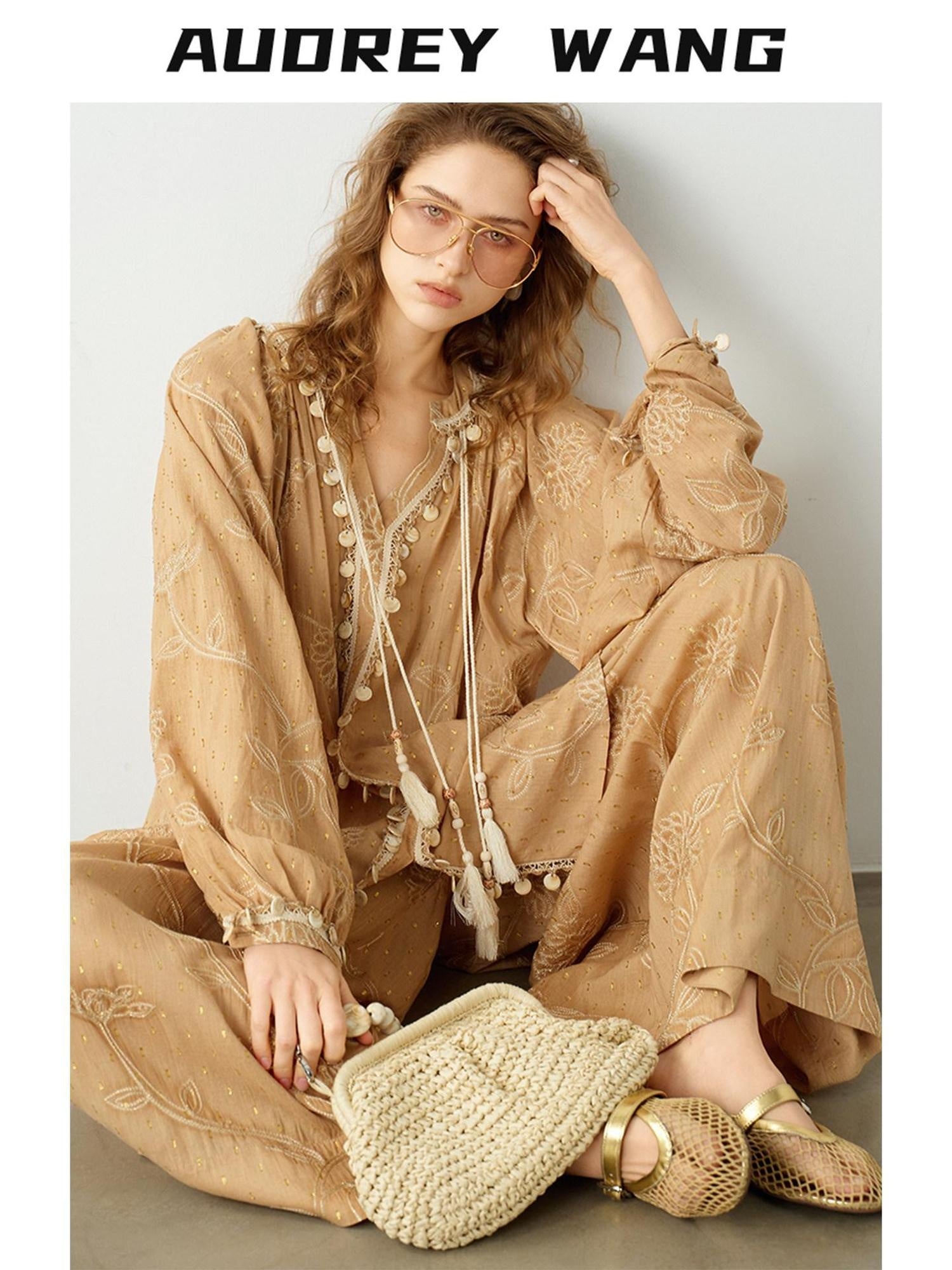 audreyyang Breathable Cotton Floral Natural Waist Office Khaki Wide Leg Pants
