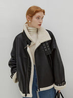 fano Thick Commuter Loose Fit Zipper Long Sleeve Women Black Leather Jackets
