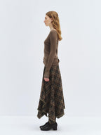 someonesometimes High Waist Vintage Irregular Hem Loose Fit Olive Check Casual Women Maxi Skirts