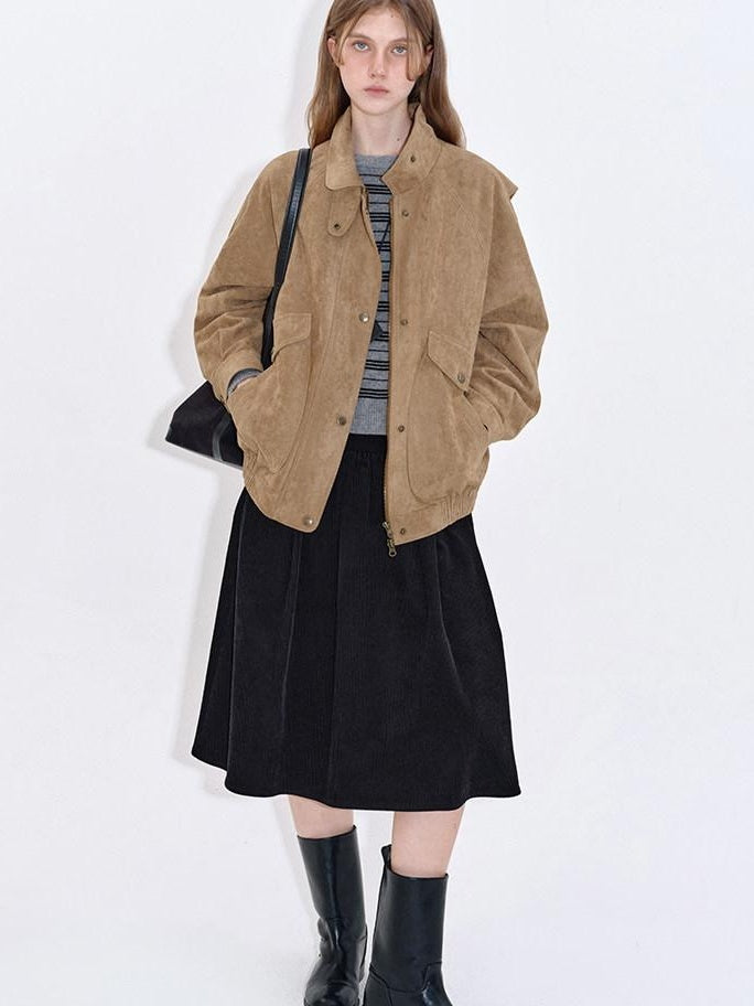 fano Pocketed Khaki Loose Fit Commuter Stand Collar Youth Polyester Bomber Jackets