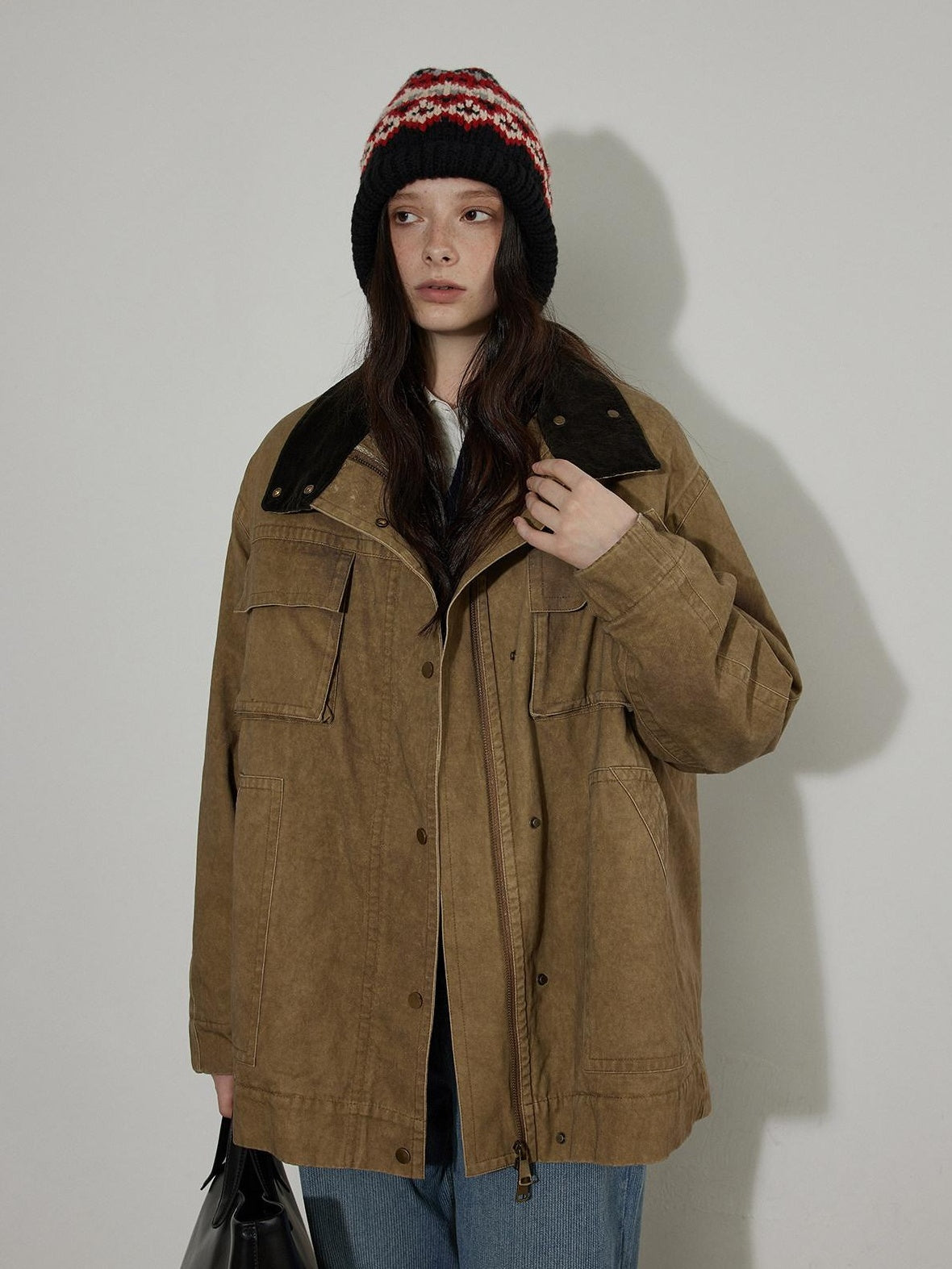 Lofi choose Warm Insulated Oversized Commuter Stand Collar Sand Brown Zip Puffer Jackets