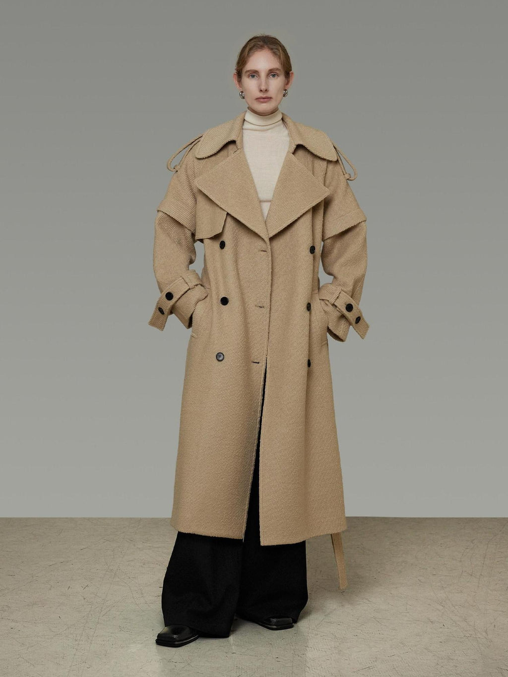 unspoken Elegant Minimal Workwear Oversized Double Breasted Lapel Khaki Wool Coats
