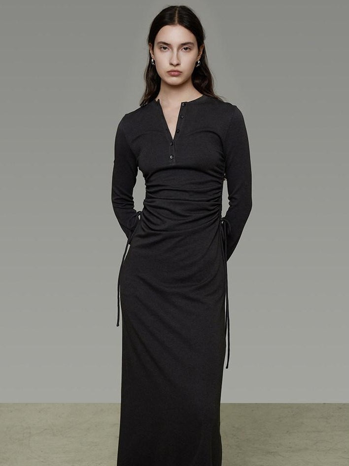 unspoken Breathable Tencel Ruched High Waist A Line Long Sleeve Slim Office Maxi Dresses