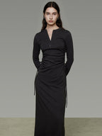 unspoken Breathable Tencel Ruched High Waist A Line Long Sleeve Slim Office Maxi Dresses