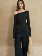 someonesometimes Colorblock Charcoal Pink Asymmetrical Knit Loose Viscose Off Shoulder Crop Tops