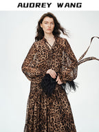 audreyyang Silk Blend Leopard Print A Line Fitted Waist Long Sleeve Vacation Maxi Dresses