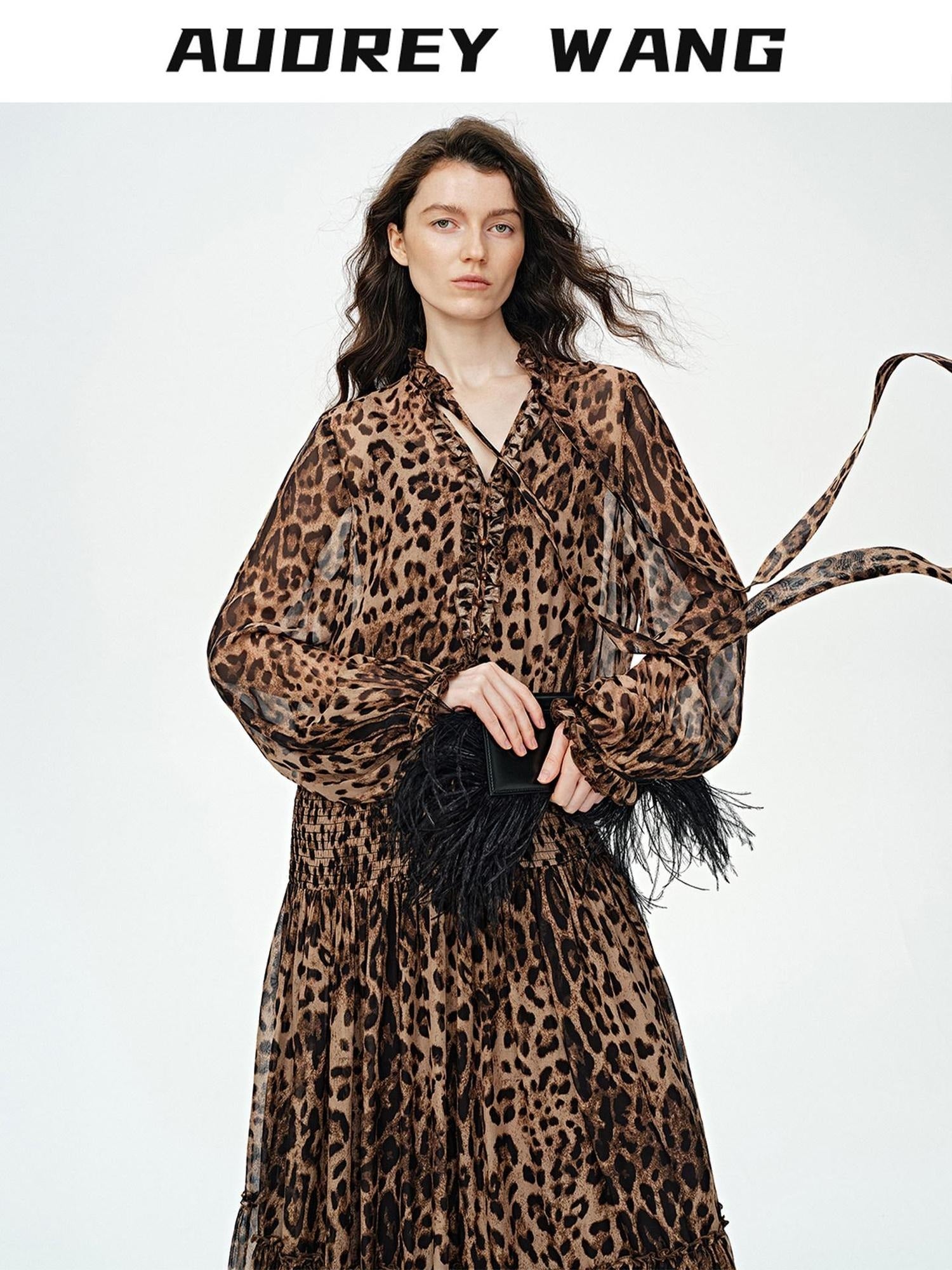 audreyyang Silk Blend Leopard Print A Line Fitted Waist Long Sleeve Vacation Maxi Dresses
