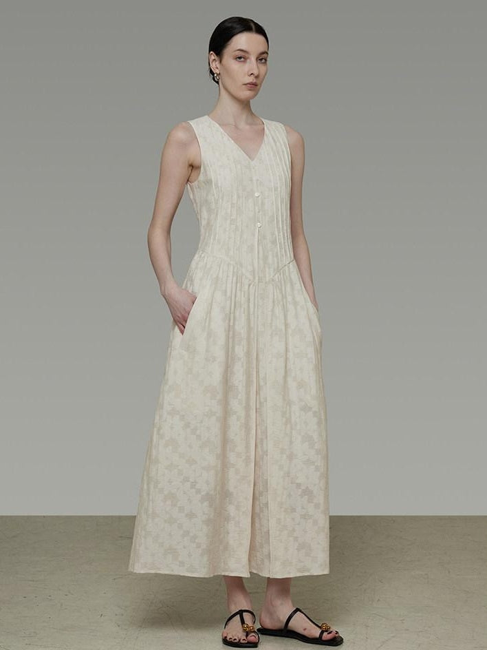unspoken Elegant Jacquard V-neck High Waist A Line Sleeveless Work Off White Maxi Dresses