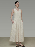 unspoken Elegant Jacquard V-neck High Waist A Line Sleeveless Work Off White Maxi Dresses