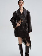 audreyyang Thick Vintage Croc Embossed Doublebreasted Midlength Women Pu Leather Jackets