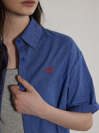 Lofi choose Lightweight Embroidered Plaid Button Down Loose Commuter Short Sleeve Women Shirts