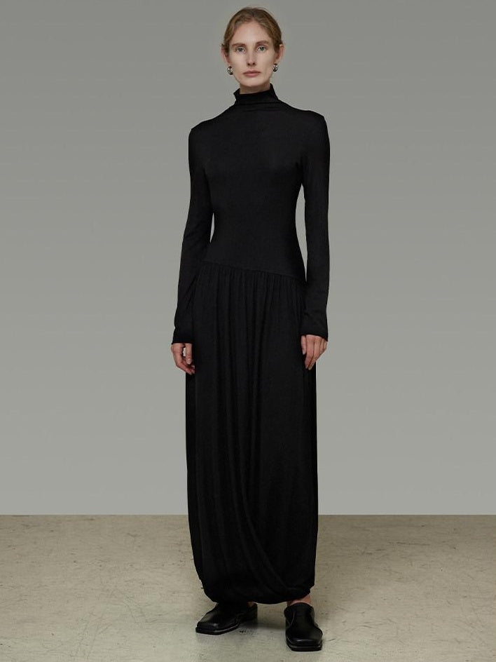 unspoken Modal Knit Turtleneck Slim Waist Long Sleeve City Workwear Black Maxi Dresses