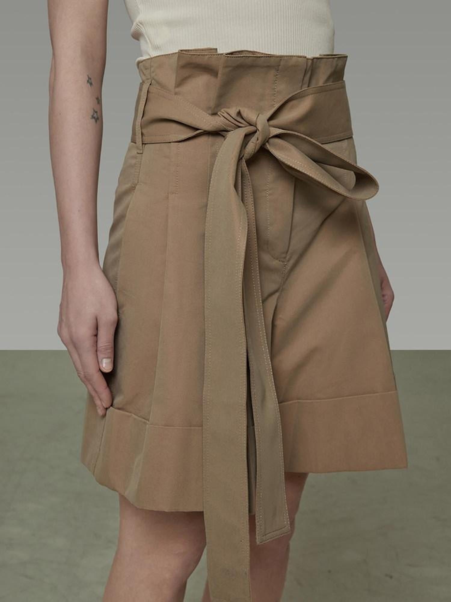 unspoken High Waist Drawstring Minimalist Workwear Cotton Blend Khaki Mid-Length Shorts