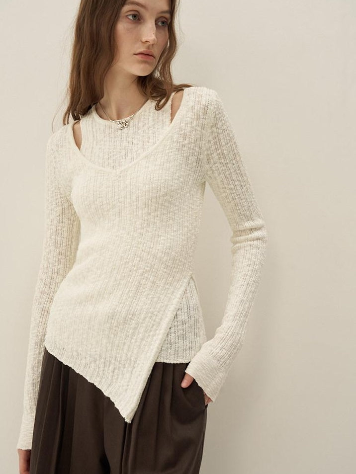 someone sometimes Polyester Blend Knit V-neck Slim Fit Sweet Ivory Women Long Sleeve T-Shirts