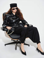 audreyyang Belted Lambskin Slim Fit Short Lapel Long Sleeve Black Genuine Leather Jackets