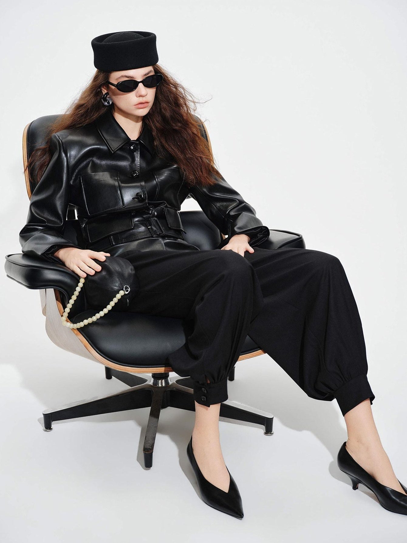 audreyyang Belted Lambskin Slim Fit Short Lapel Long Sleeve Black Genuine Leather Jackets