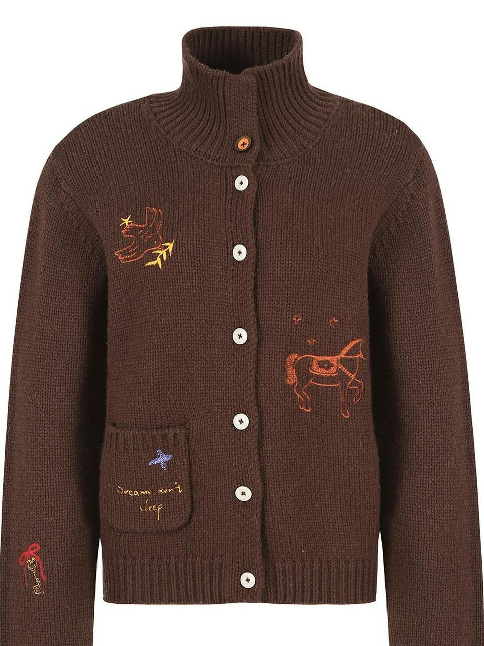 fano Soft Wool Blend Knit Commuter Loose Fit Stand Collar Women Brown Cardigans