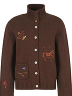 fano Soft Wool Blend Knit Commuter Loose Fit Stand Collar Women Brown Cardigans