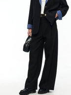 ikyou High Waist Straight Zipper Cotton Blend Commuter Black Wide Leg Pants
