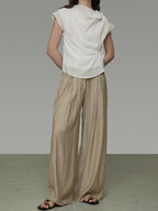 unspoken High Waist Pleated Elastic Workwear Khaki Viscose Wide Leg Pants