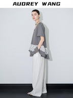 audreyyang Cotton Blend Commuter Patchwork Loose V-neck Heather Gray Short Sleeve T-Shirts