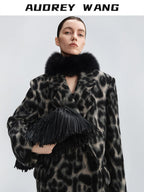 audreyyang Thick Wool Blend Retro Loose Leopard Double Breasted Lapel Long Coats