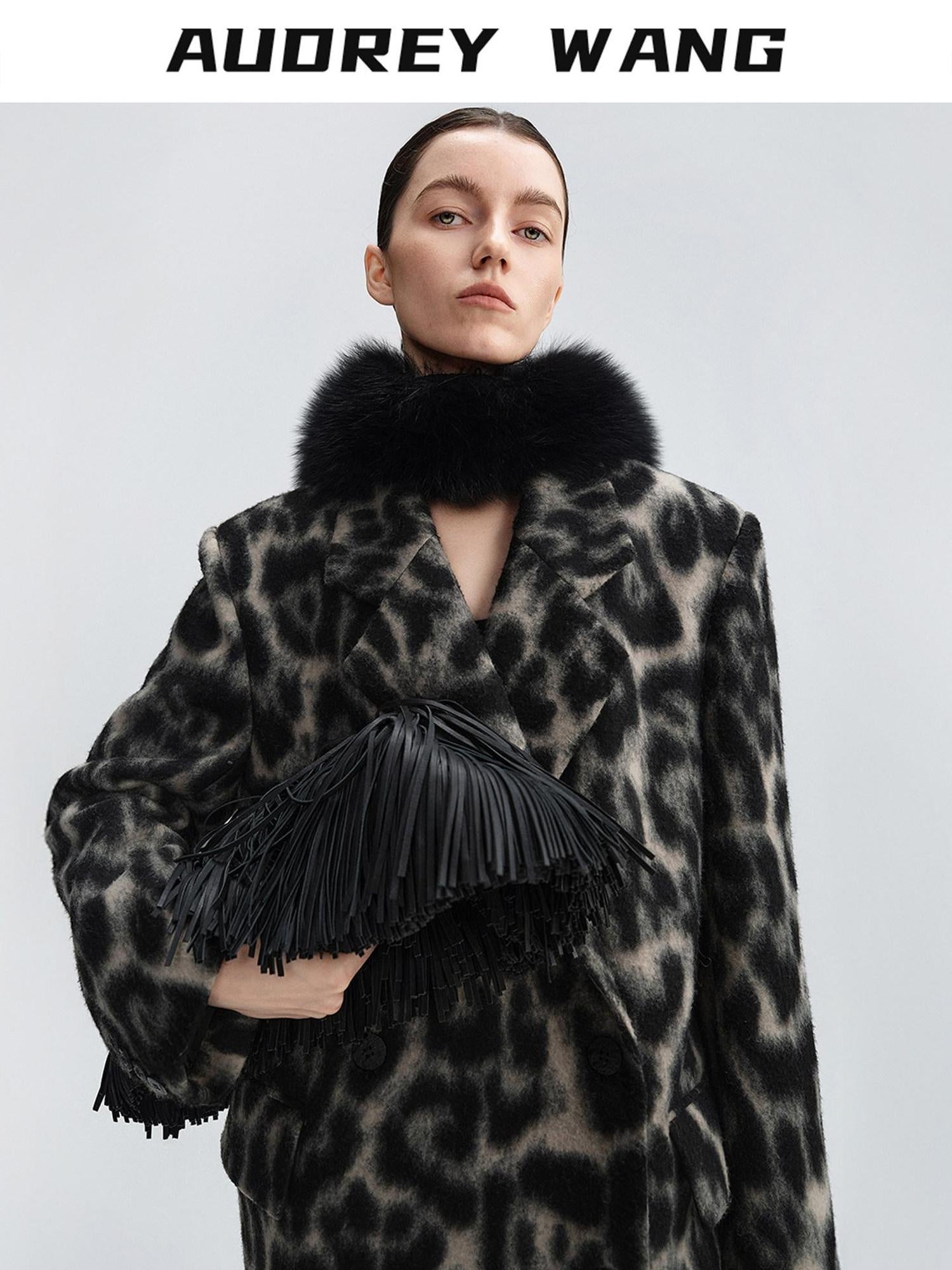 audreyyang Thick Wool Blend Retro Loose Leopard Double Breasted Lapel Long Coats