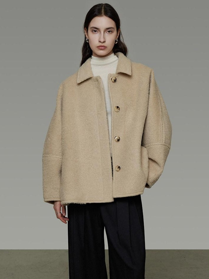 unspoken 3D Tailored Minimalist Loose Fit Office Lapel Single Breasted Camel Short Coat