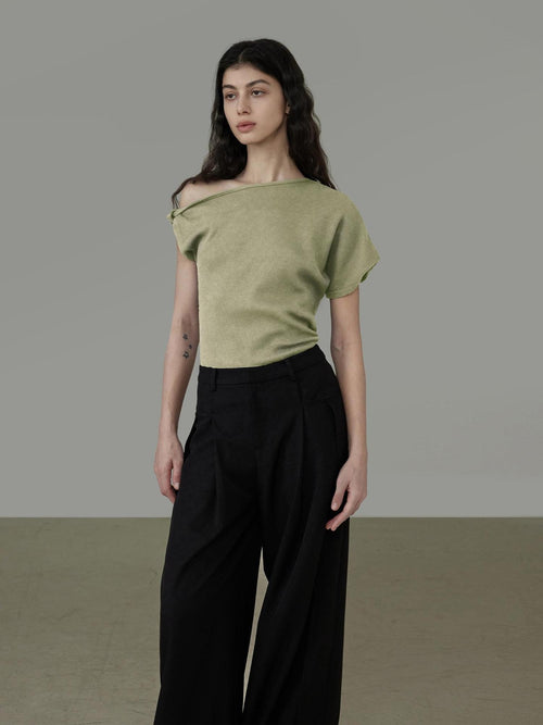 unspoken 3D Detail Slim Fit Minimal Commuter Asymmetric Neck Navy Off Shoulder Crop Tops