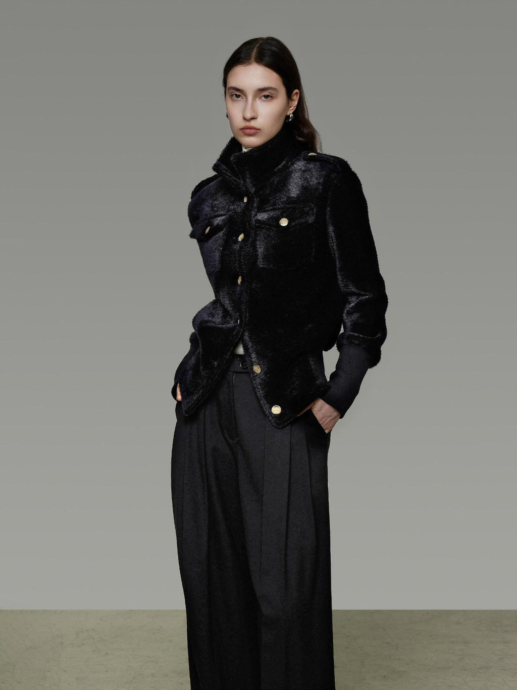 unspoken Tailored Slim Minimalist Commuter Stand Collar Women Black Short Coat