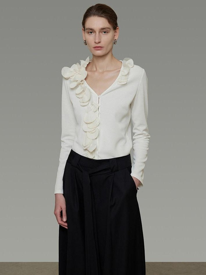 unspoken V-neck 3D Detail Slim Fit Office Women Breathable White Blouses
