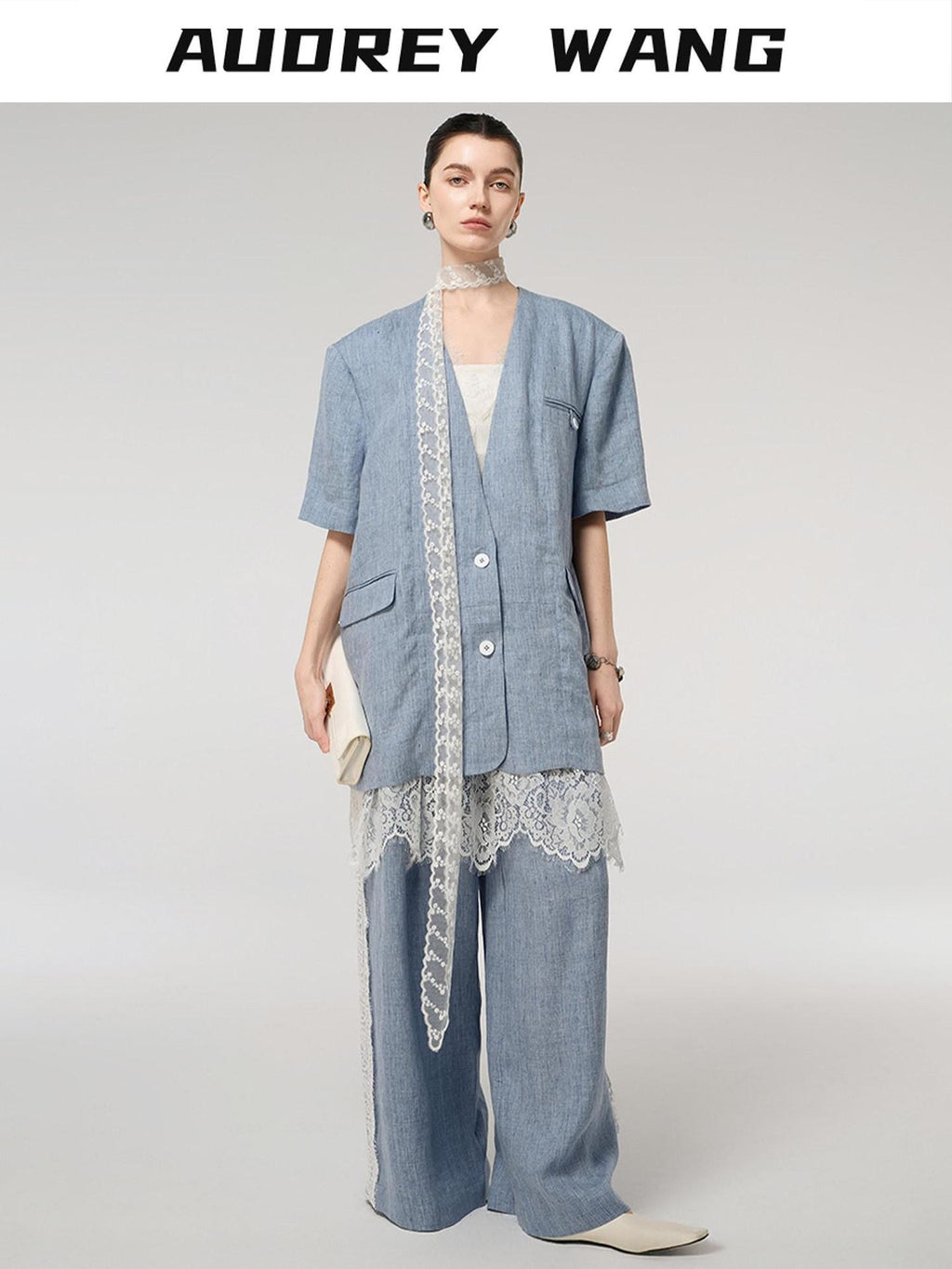 audreyyang Pure Linen Lightweight Relaxed Fit Lace Detail Commuter Women Wide Leg Pants