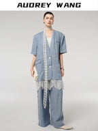 audreyyang Pure Linen Lightweight Relaxed Fit Lace Detail Commuter Women Wide Leg Pants