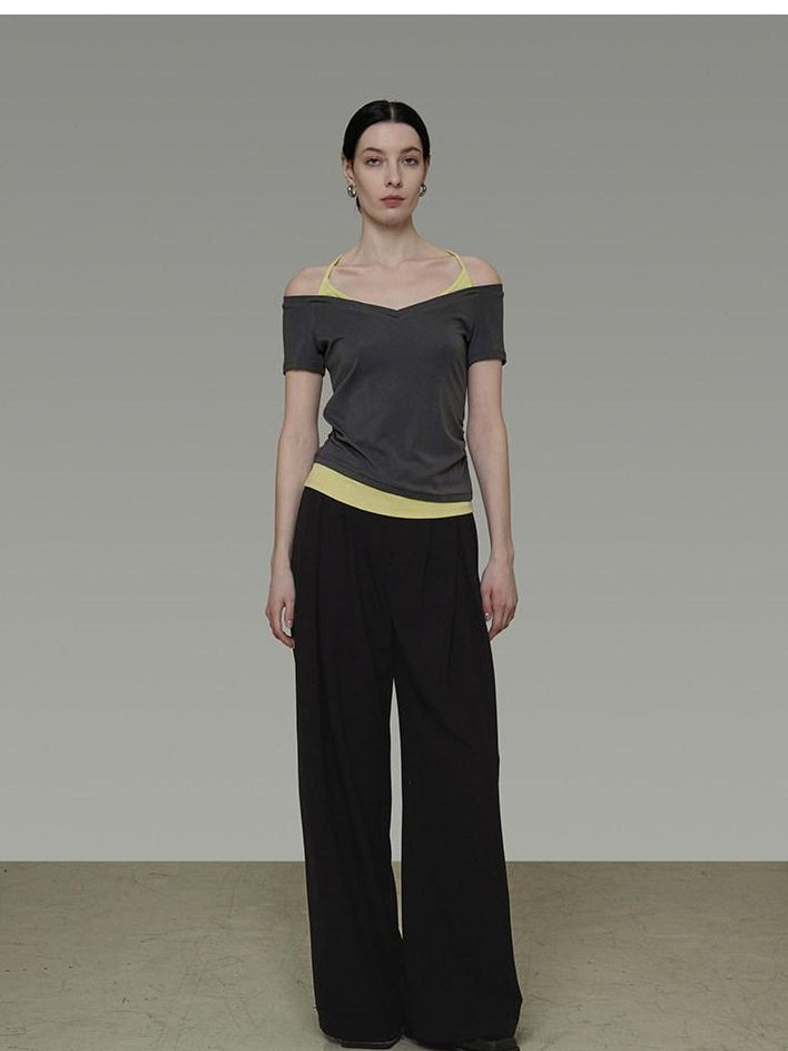 unspoken Moisture Wicking Lyocell Slim V-neck Patchwork Grey Green Halter Crop Tops